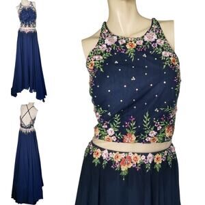 Tiffany Designs Floral Navy Blue Prom Dress HOCO Fairy Flowy size 12 Embroidered